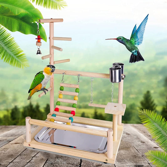 Bird Play Stand, Natural Wooden Bird Playground Birds Gym Bird Toy Accessories with Stainless Steel Feeding Stair Swing for Parrots, Finches # 2