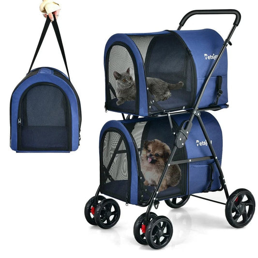 4-In-1 Double Pet Stroller W/ Detachable Carrier Travel Carriage for Cats Blue